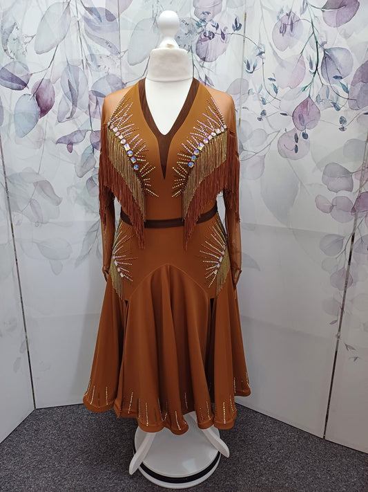 43L Classy Tan & Gold with Chocolate accents Competition Latin Dance dress .Stoned in Chocolate & AB. High back with mesh on Lycra detail giving option to wear own bra. ❤️Showroom Appointments Available❤️