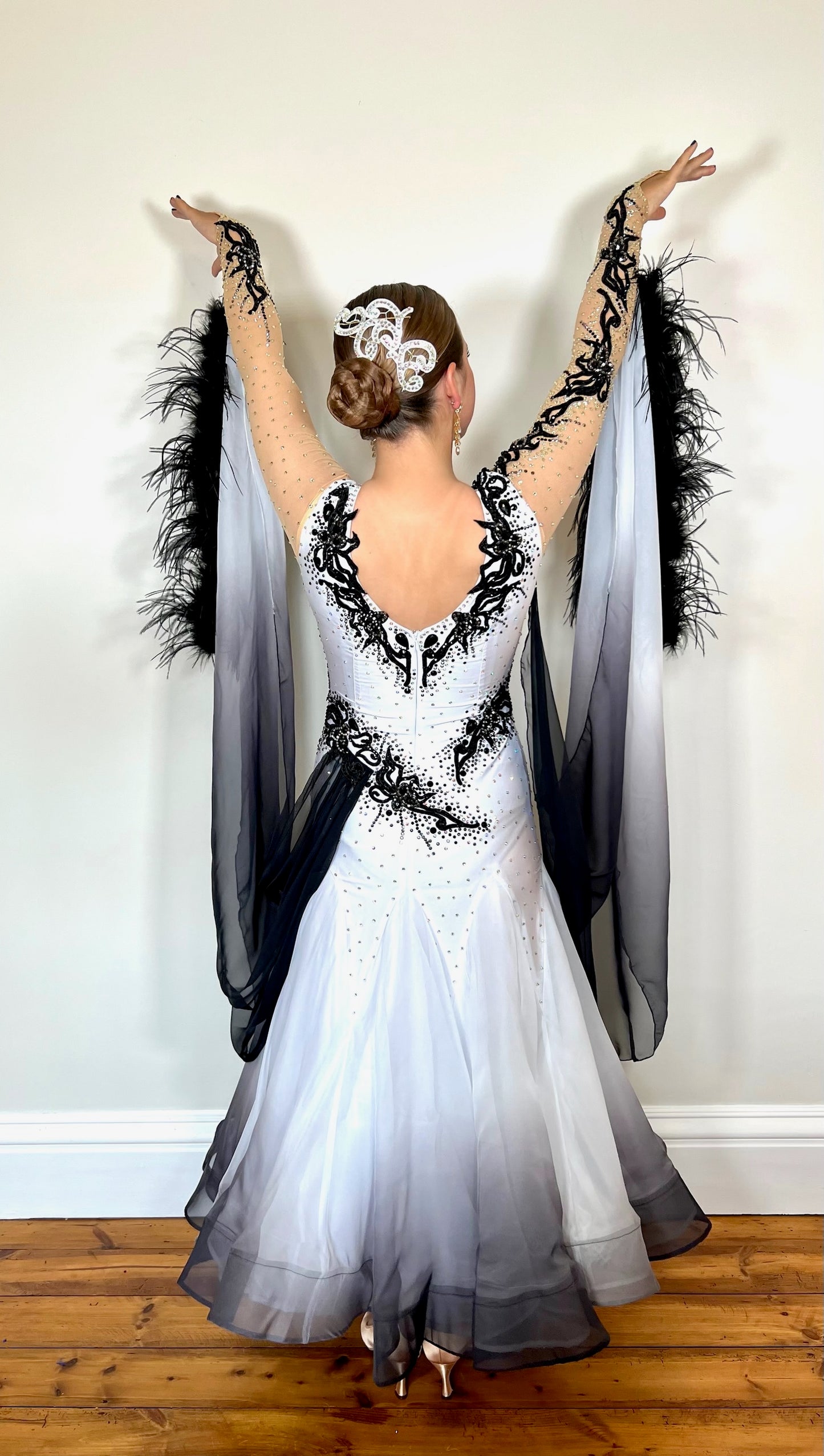 007 Black & White Ombré Ballroom Dress. Black ostrich feather float decoration with Ombré floats. Decorated with black appliqué & AB and jet stones.