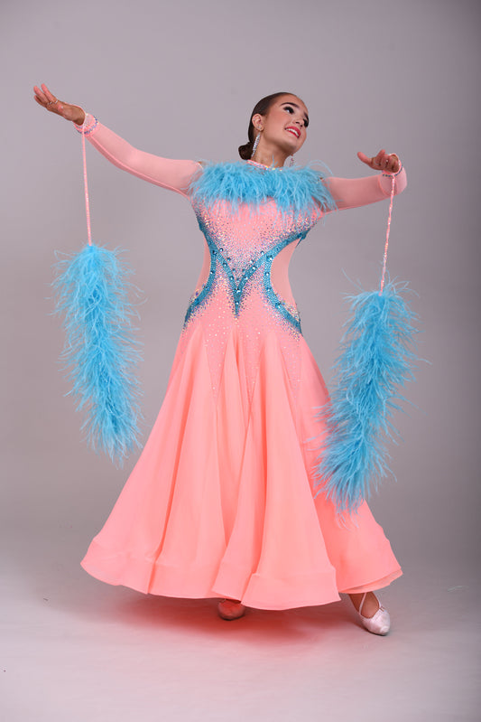 0111 Peach & Paradise Blue Competition Ballroom Dance Dress. Ostrich feather boa floats & detail to  the upper chest. Stunning stone decorations in paradise blue & AB