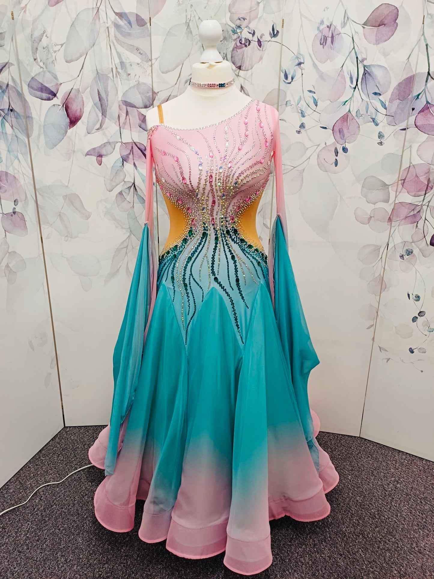 01130 Light Aqua & Baby Pink Ombre Competition Ballroom Dance Dress. Stone with AB & Fuschia. Detachable floats