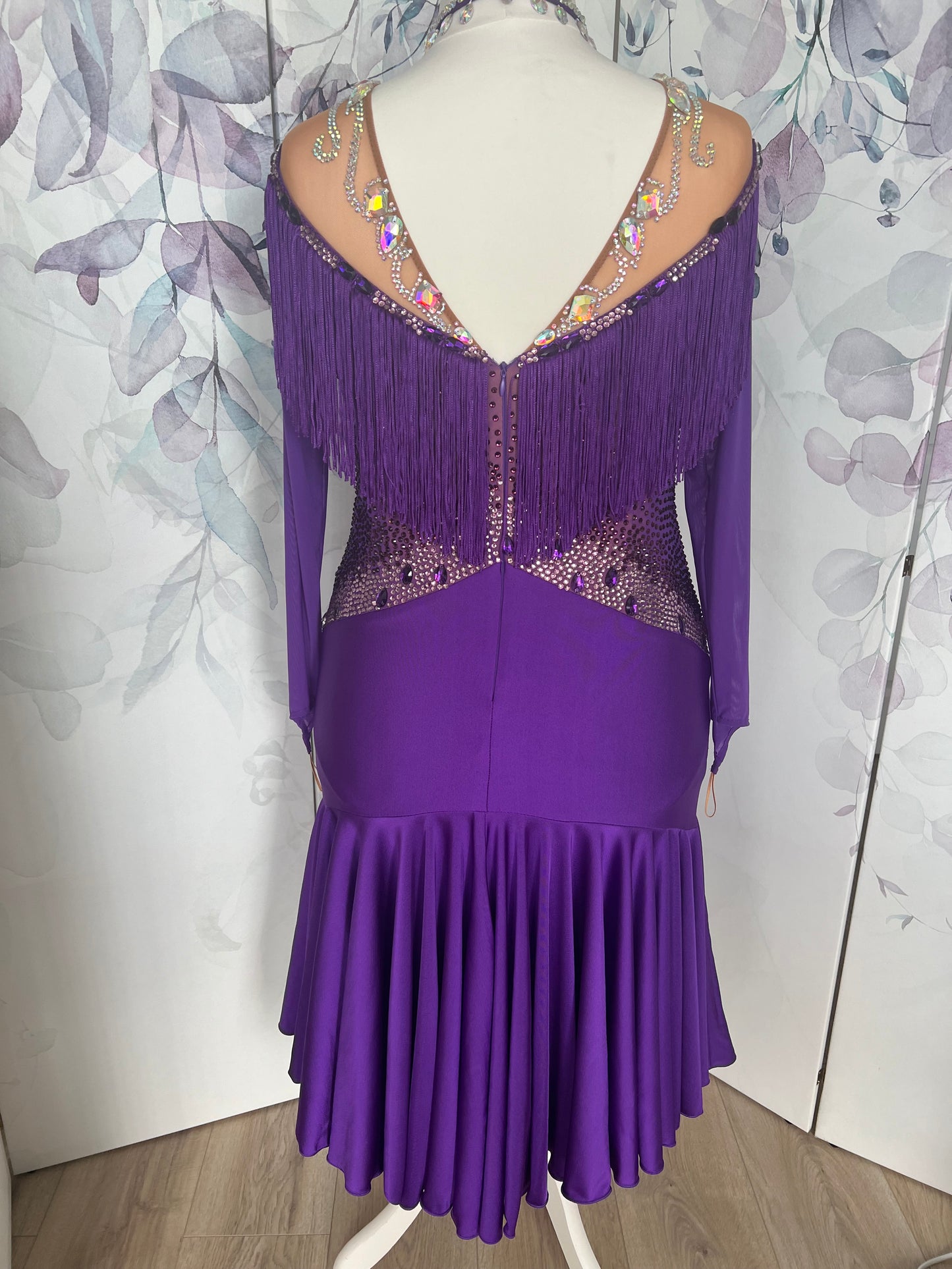 216 Purple Latin Dress with intricate stoning at chest. Full frill giving lovely movement to skirt. AB heavily stoned neckline. Stoned in purple, light rose, magenta & AB