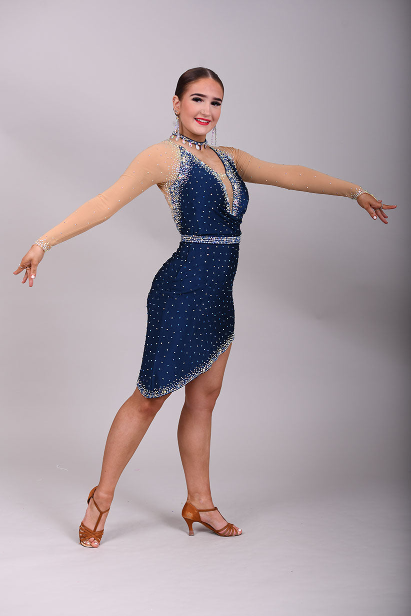 047 Navy blue Drape detail to the front Latin Dress. Separate belt. High mesh back. Decorated with Bermuda blue, light Saphire & Ab stones
