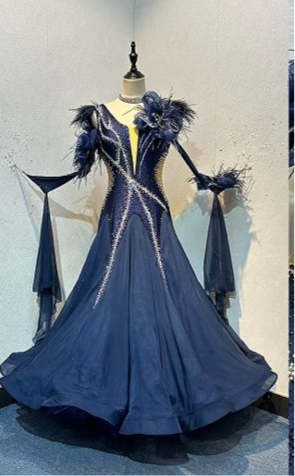 31B TWD ELITE New Fuller Skirts & Underskirts. Navy Blue 3D Feather & Flower detailing to the upper chest and separate Glove. 1 cold shoulder sleeve & 1 long glove. Detachable floats. High Back option of wearing own Bra. Skin Lycra cutouts not see through