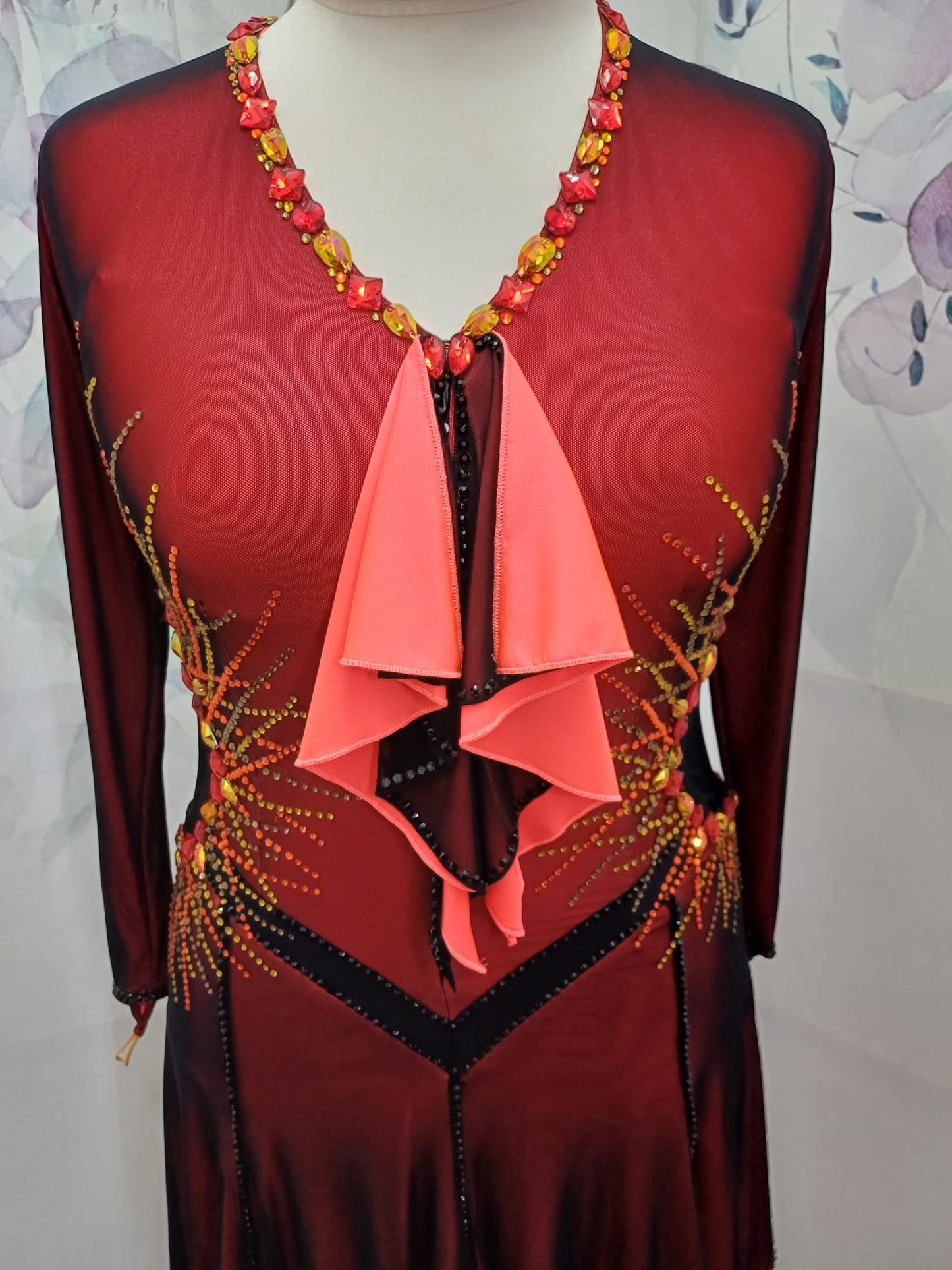 42L Beautiful Black & Orange Competition Latin Dance Dress. Heavily stoned in Hyacinth, Citrine, Hyacinth AB & Jet. Double layer skirt for maximum movement. High back to give option of wearing own bra. ❤️Showroom Appointments Available❤️