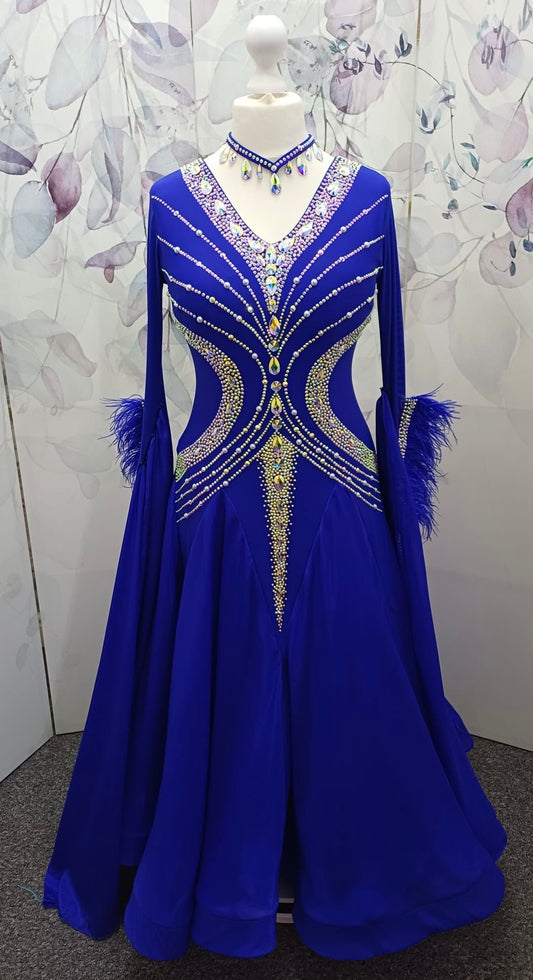 63B Cobalt Blue Competition ballroom dance dress. Heavily stoned in a flattering pattern in AB & Sapphire. detachable floats with high back to give option of wearing own bra. ❤️Showroom appointments available❤️