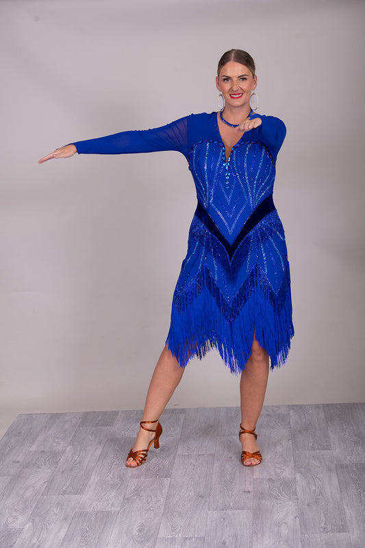 119L TWD ELITE Royal Blue Latin Competition Dance dress. Absolutely Stunning stoned in Sapphire & Light Sapphire with bead dropper fringe and tassel fringe for maximum movement.