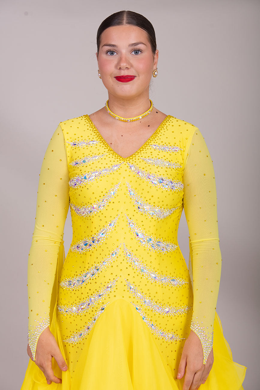 36B Sunshine Yellow Competition Ballroom/Sequence Dance Dress. High Godet at the front giving a flattering tummy look & stone design in AB. High back giving own Bra Options Detachable Floats