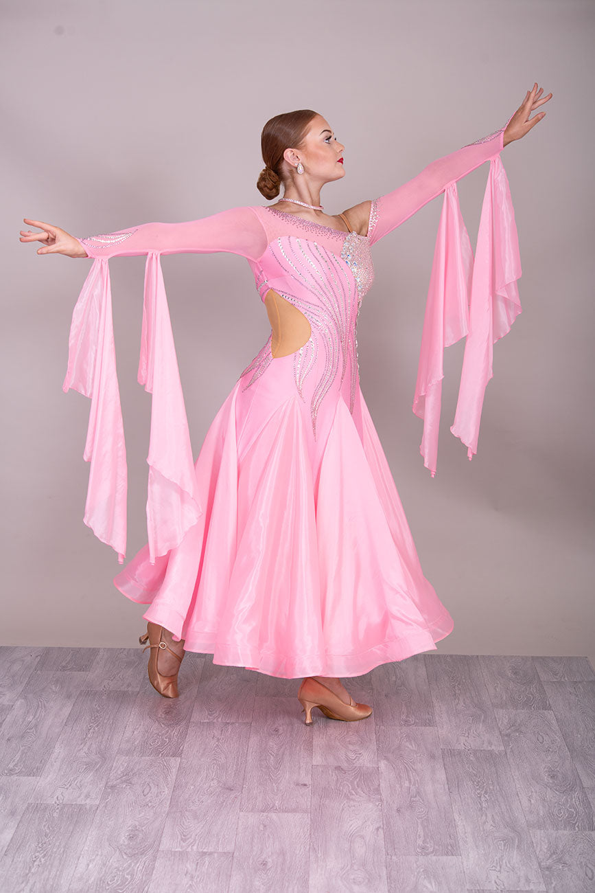 44B TWD PETITE Pale Pink Competition Ballroom/Sequence Dress. Cold shoulder sleeve to 1 side. Heavily Stoned in AB & Light Rose ❤️Showroom Appointments Available❤️