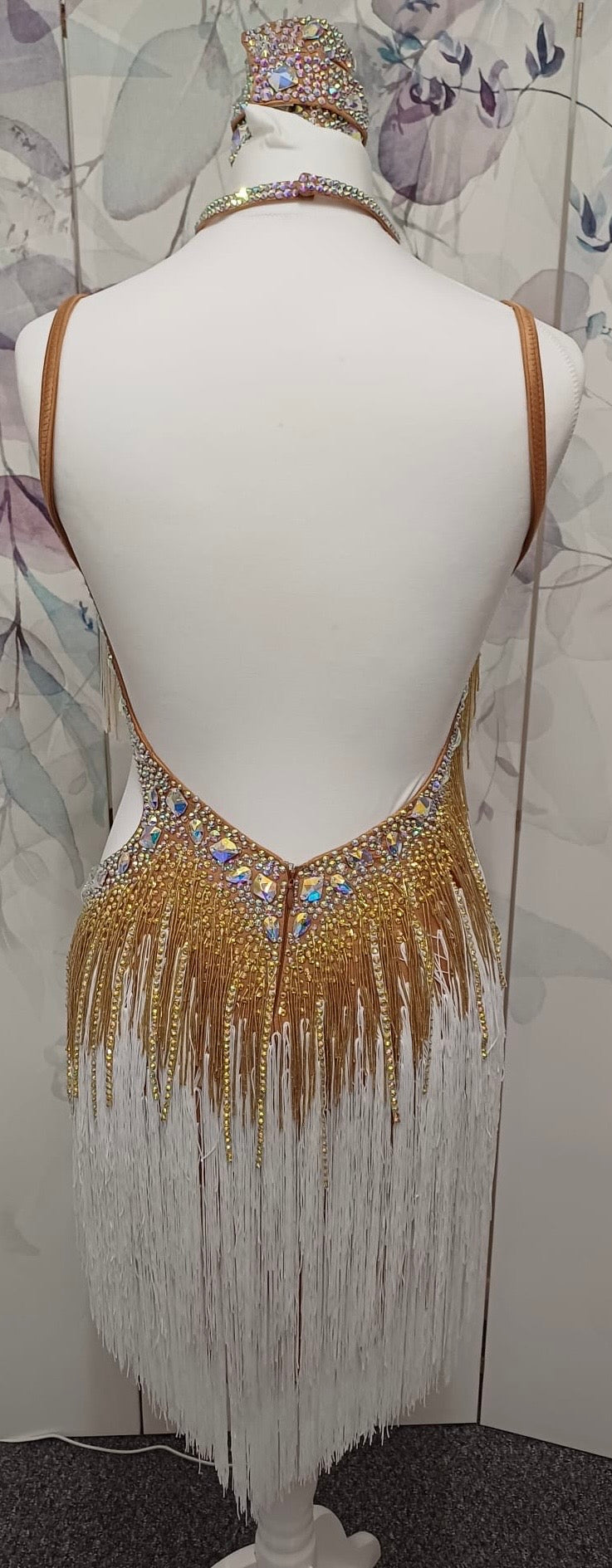 002 White & Gold full fringed Competition Latin Dance Dress. Heavily stoned with Gold & AB. Comes with Armbands & Bracelets. Very full fringes with stoned fabric strips added.