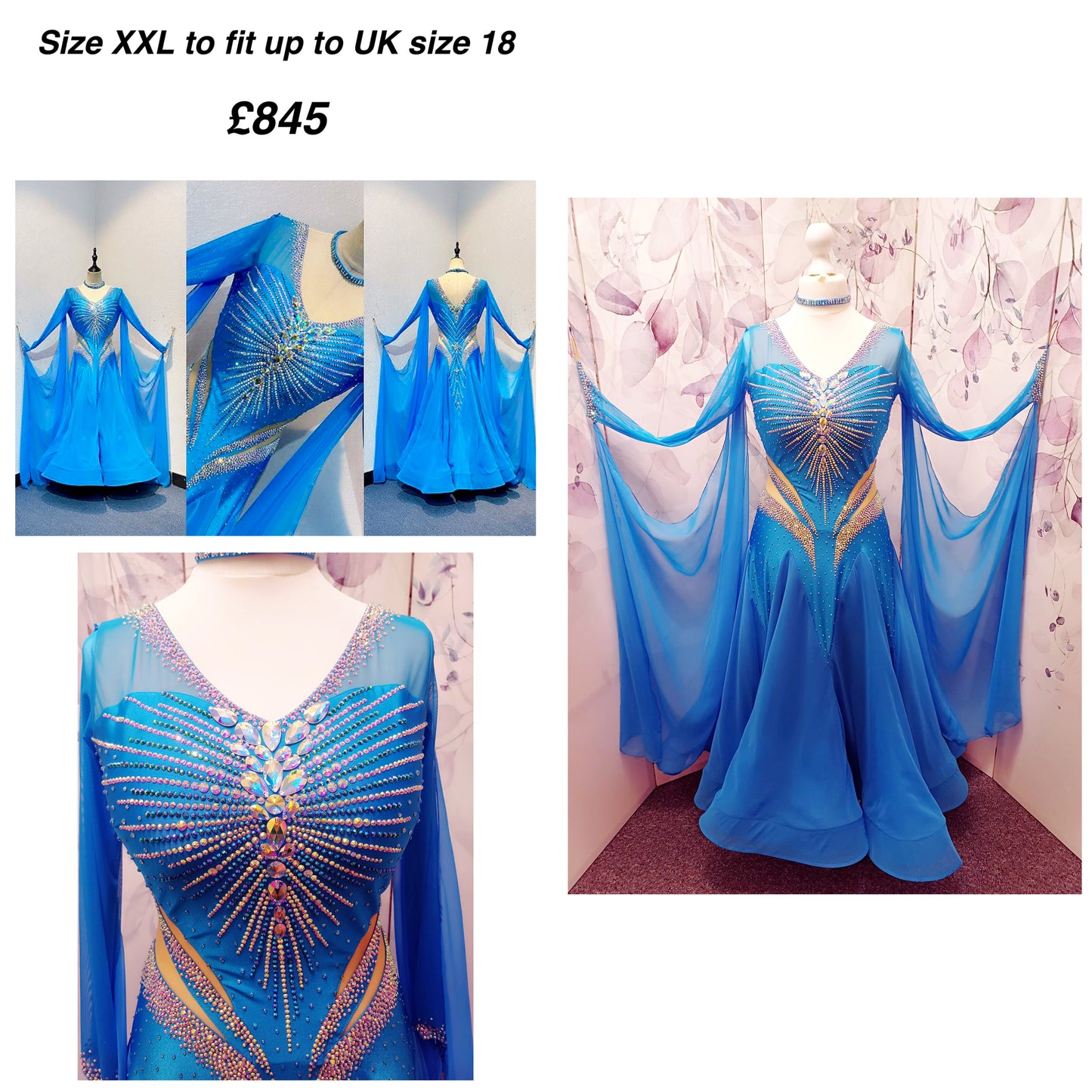 094 Turquoise Competition Ballroom Dance Dress heavily decorated heavily decorated with AB & Capri Blue Stones. Flattering stoned strap detailing detailing to the waist area. High back to give option to wear own bra. Detachable floats