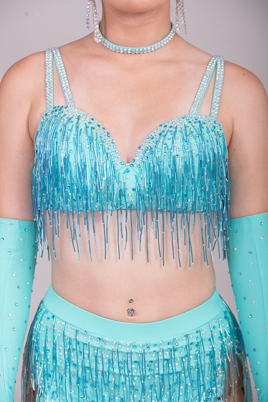 (BUDGET)14 Aqua 2 piece Stunning Colour Competition Latin Dance Dress. Bead droppers on the bra top & skirt has beads & fringing. Separate gloves with fingers to finish this look.