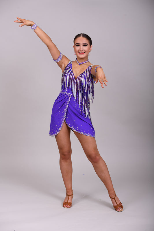 155 Purple stoned tassel fringed Latin Dress. Stoned in AB & Amethyst and purple