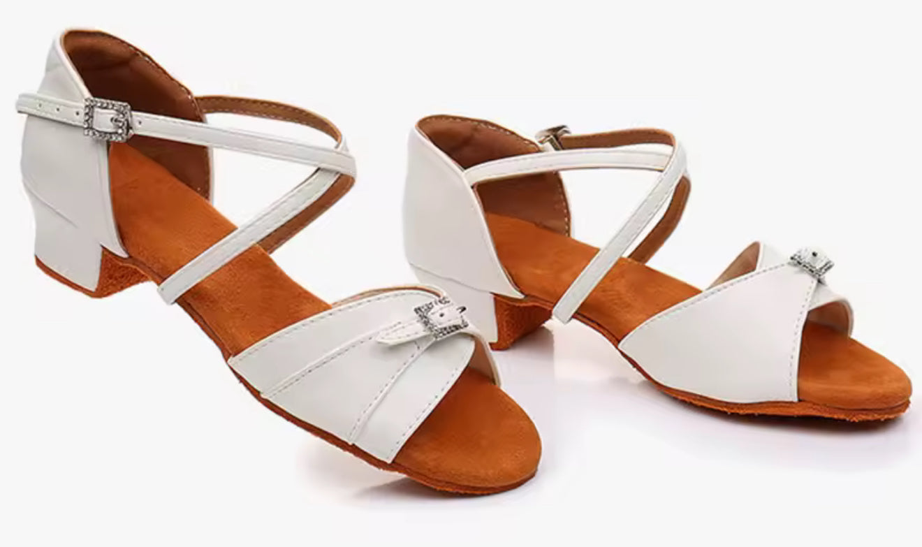 (4) TWD “LULAH” Children’s Ballroom Shoes. White Lattice Design or White with Diamanté Buckle Detail. Each Pair of Shoes comes Boxed & Includes a “Pink Shoe Bag” & pair of plastic feet protectors for trying the Shoes on for Size, Fit & Comfort.