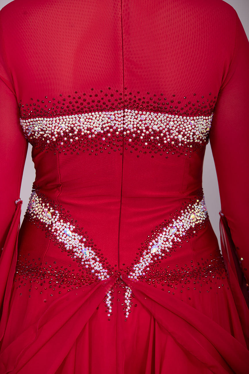 28B “TWD ELITE” New Fuller Skirts/Underskirts with flattering design in Red Heavily stoned Ballroom/Sequence Competition Dance Dress. Stoned in AB & Red, Detachable Floats. High back giving option to wear own Bra