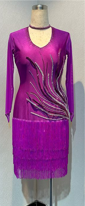123L Hot Magenta Competition Latin Dance Dress. Flattering Hip Design with full back for option of wearing own Bra & full fringed skirts.