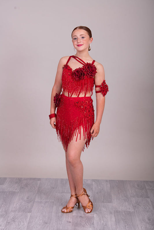 (BUDGET)13 Deep Red Competition Latin Dance Dress. Full of Red stoned fabric tassels & stoned motifs on the Bra style top. Heavily stoned flowers & strap detailing finish the top off. Skirt has flower to the Hip with stoned motifs and fabric strips over.