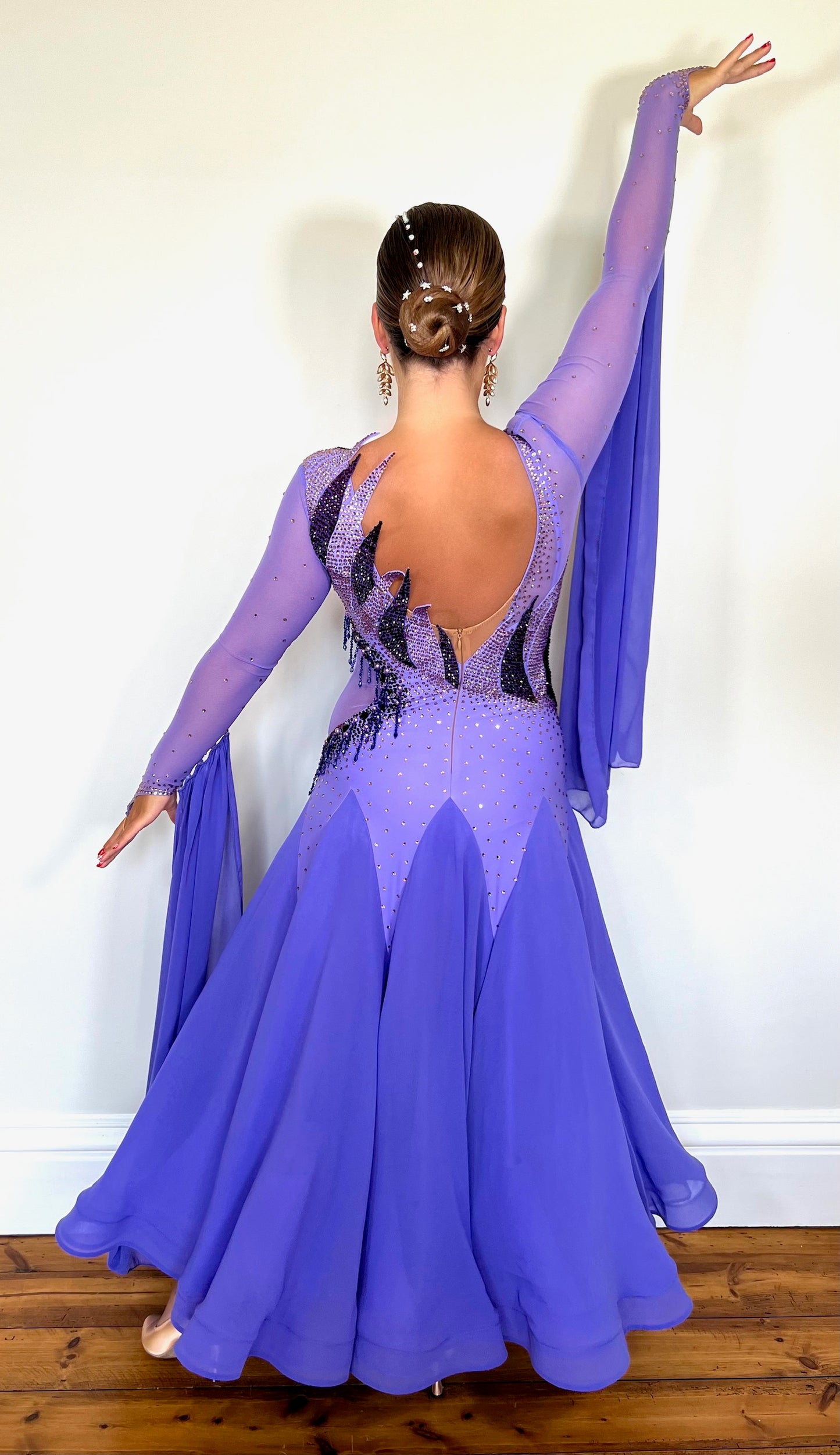 128 Lilac Ballroom Dress with detachable floats. Detailing to the front chest & Back stoned in Amethyst, Light Amethyst & Purple