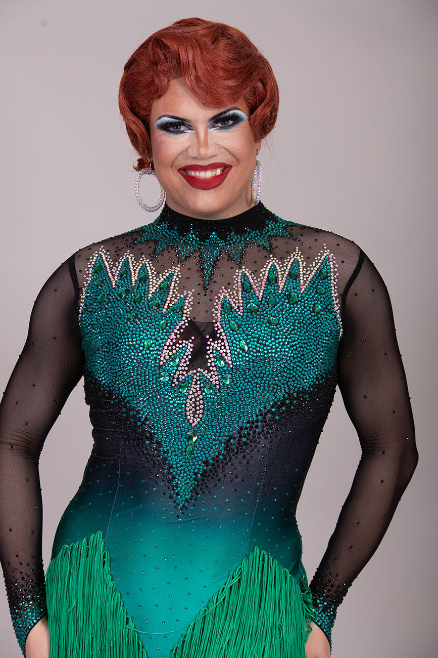 118L TWD ELITE LATIN Competition Latin Dance Dress. Striking Design to front & Back with Ombre Green & Black Lycra Bodice. Full fringed skirts for maximum movement.