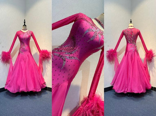 0003 Bright Cerise Ballroom Dress. Removable Ostrich feather cuffs. Decorated high neck detailed back. Stoned in Rose, Light Rose & AB