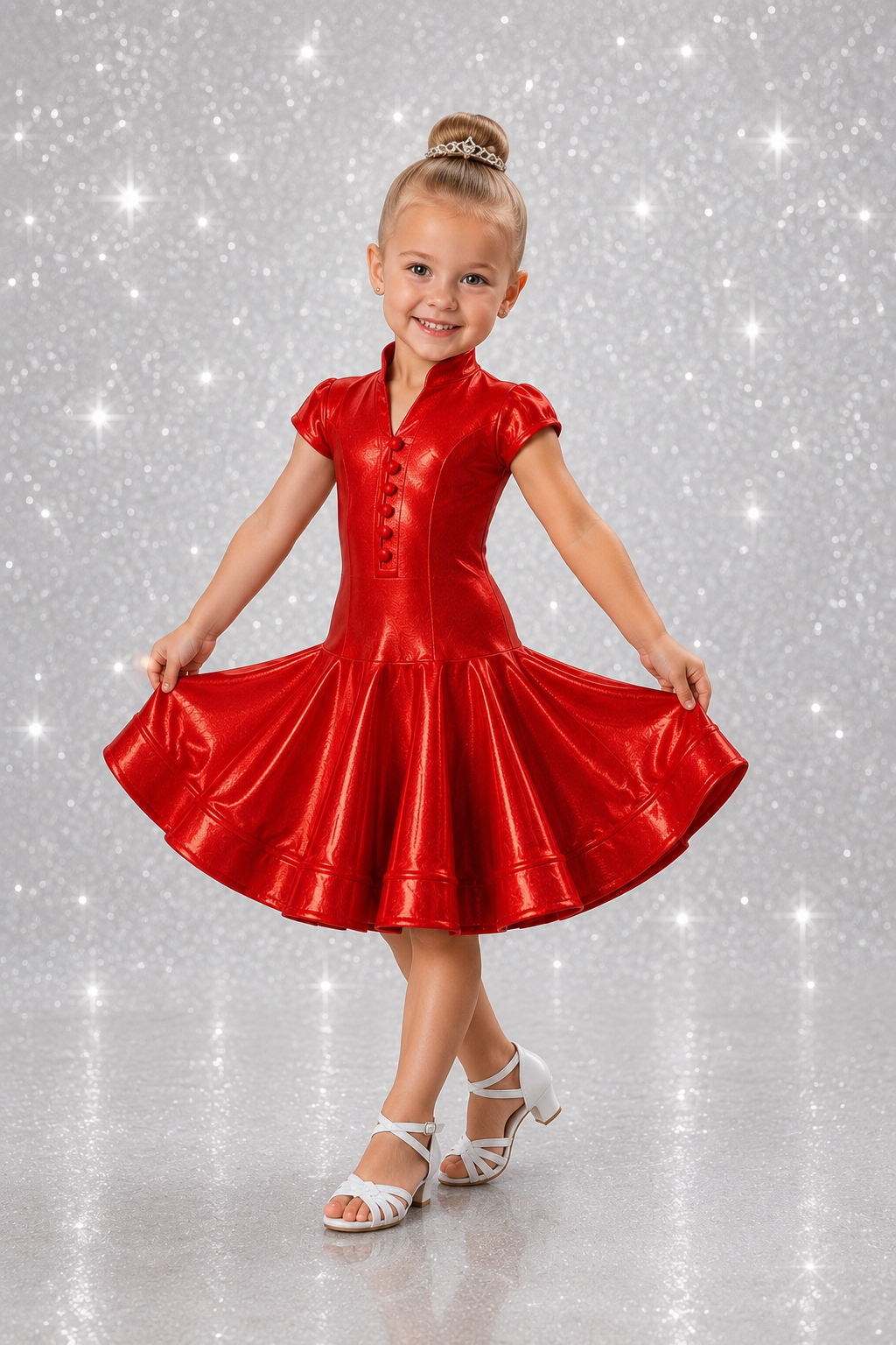 106J Metallic Red 1 Piece Latin Dress. Competition Number Wallet & Decorative Pins & Matching Hair Flower **Everything included in Price when full set purchased**