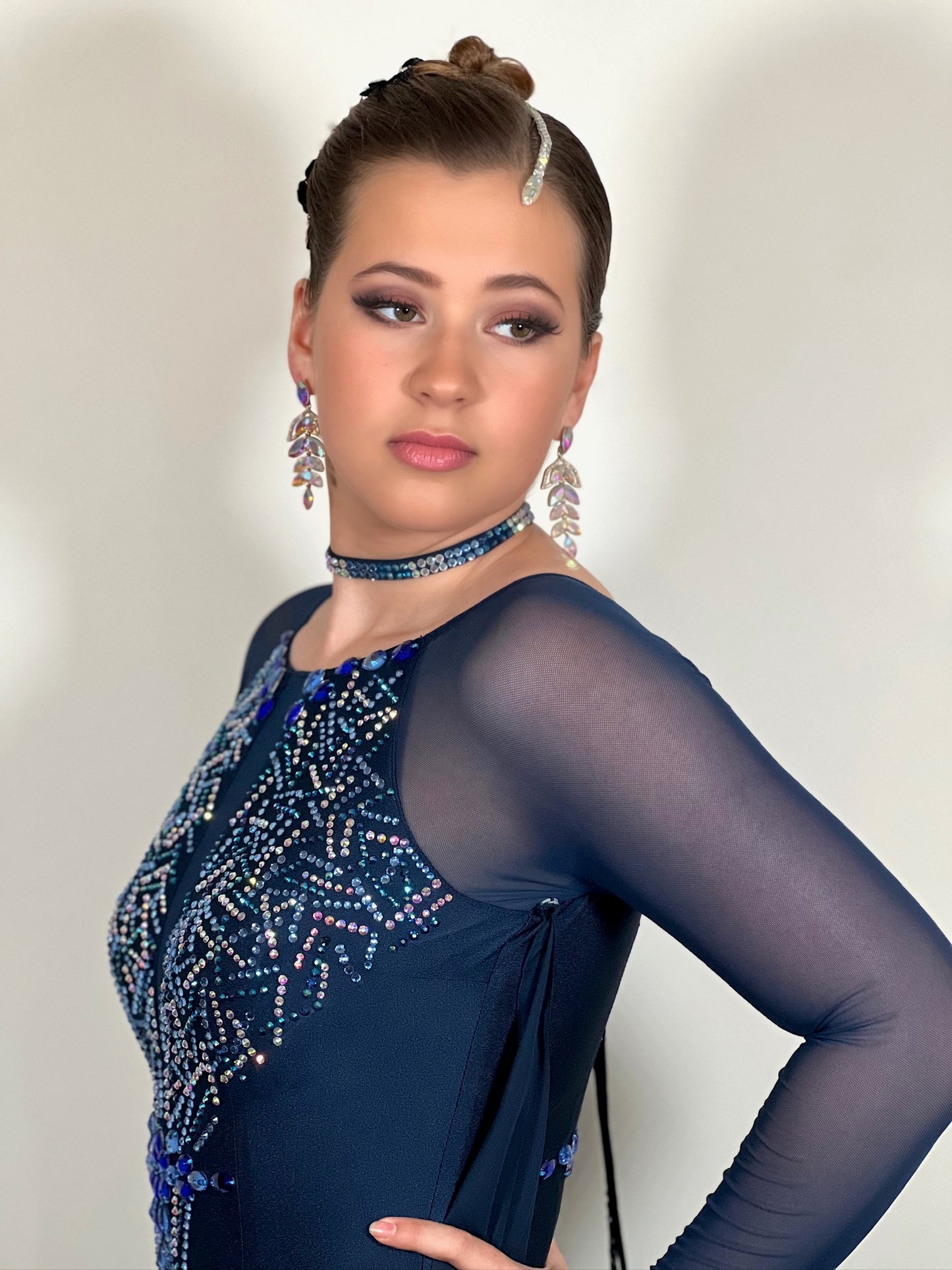 0333 Midnight Blue Competition Ballroom Dress. Stoned with sapphire, capri blue & AB stones. Sophisticated & demure.