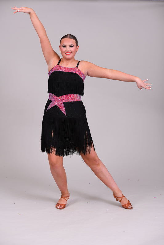 152 Black Latin Dress with full fringe skirt and fringe detailing to the bodice.  Cerise Belt and upper chest panels decorated in Siam AB stones