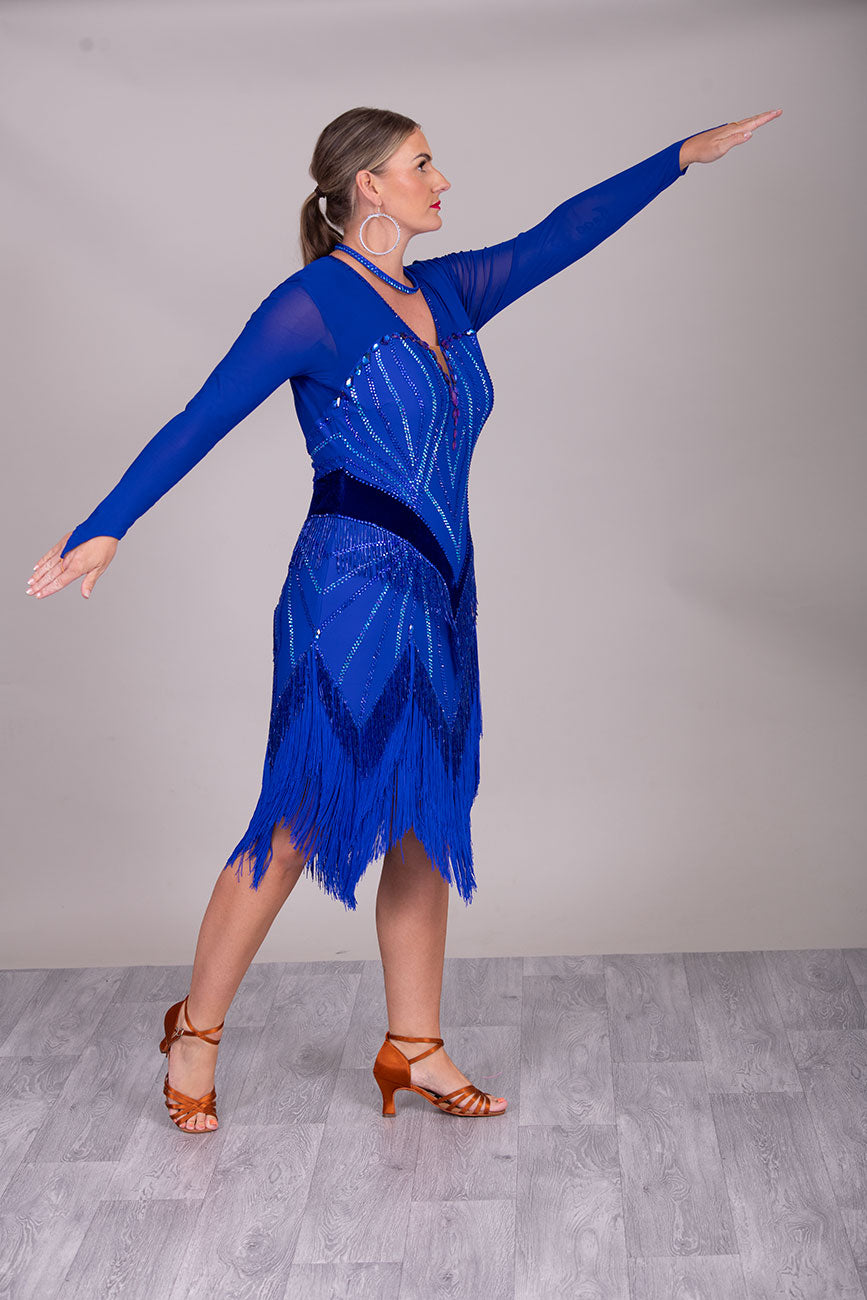 119L TWD ELITE Royal Blue Latin Competition Dance dress. Absolutely Stunning stoned in Sapphire & Light Sapphire with bead dropper fringe and tassel fringe for maximum movement.