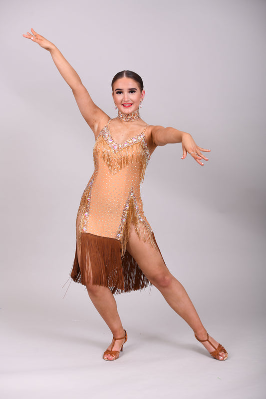 049 Light Gold & Chocolate Fringed Latin Dress. Bugle beading detail to the chest & hips. Stoned in Aurum, smoked topaz & sunshine.
