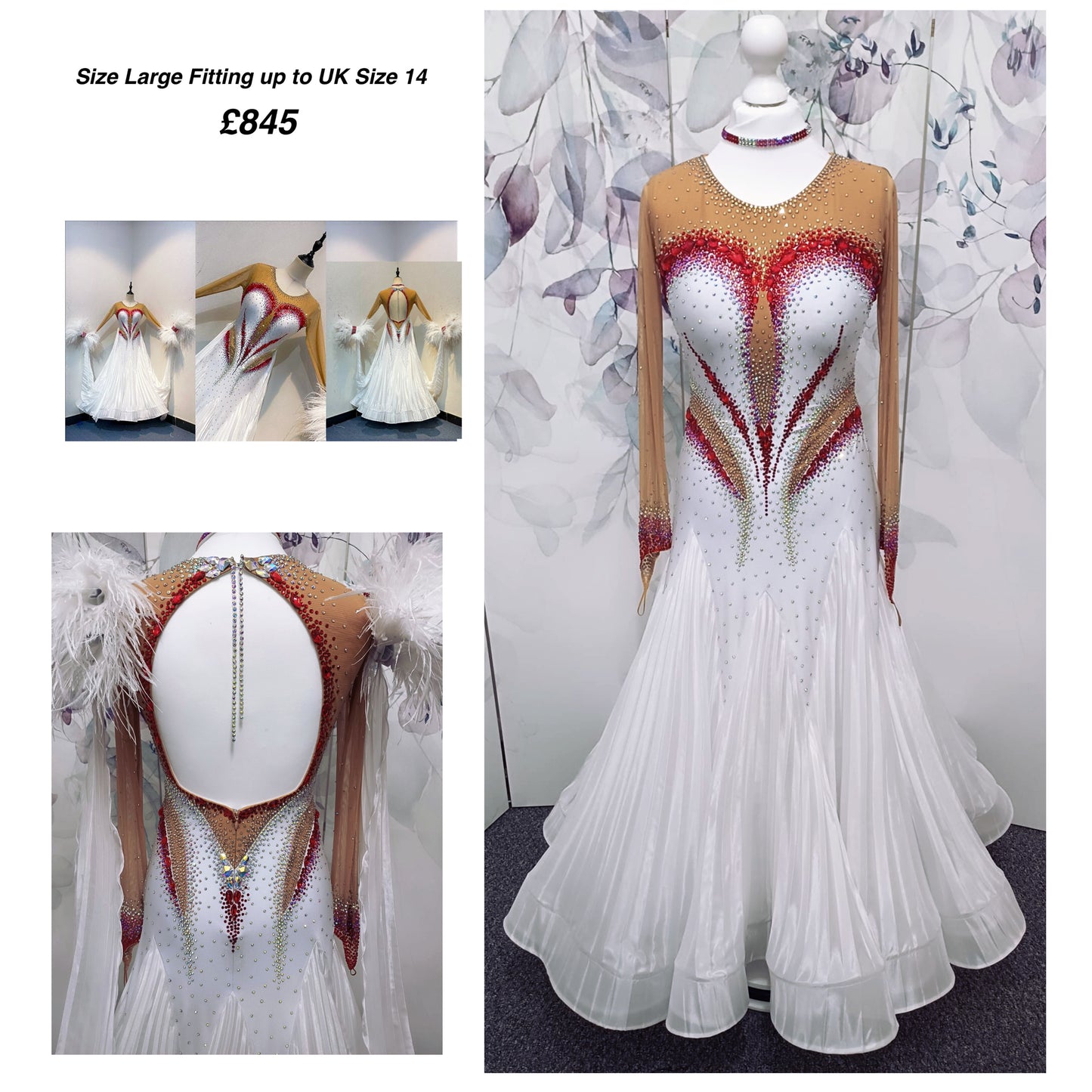 011 White & Mid Tan Competition Ballroom Dance Dress. Pleated pearl Chiffon skirt with beautiful keyhole Back. Stoned accents in Siam, Siam AB, AB & Golden Shadow. Comes with detachable pleated floats and feather cuffs.