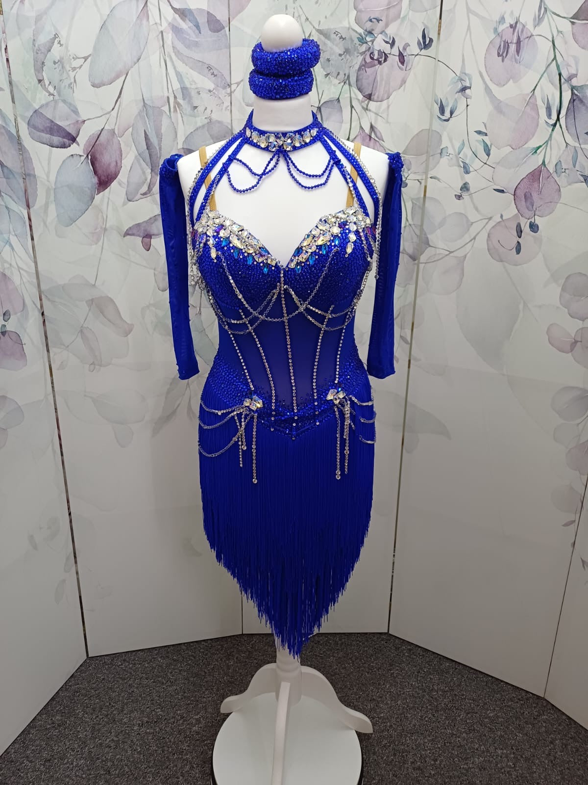 55L TWD ELITE Cobalt Blue Competition Latin Dance Dress. Stunning detailing throughout. Heavily stoned in Sapphire & AB. Cones with Stoned gloves & Accessories. ❤️Showroom Appointments Available❤️