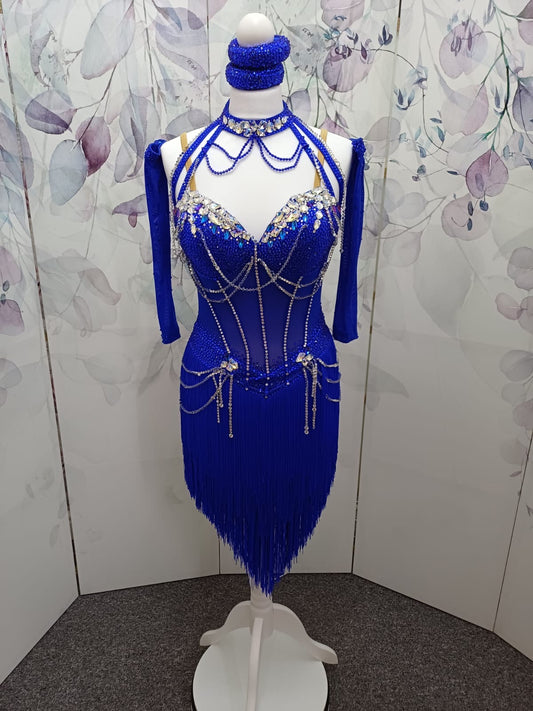 55L TWD ELITE Cobalt Blue Competition Latin Dance Dress. Stunning detailing throughout. Heavily stoned in Sapphire & AB. Cones with Stoned gloves & Accessories. ❤️Showroom Appointments Available❤️