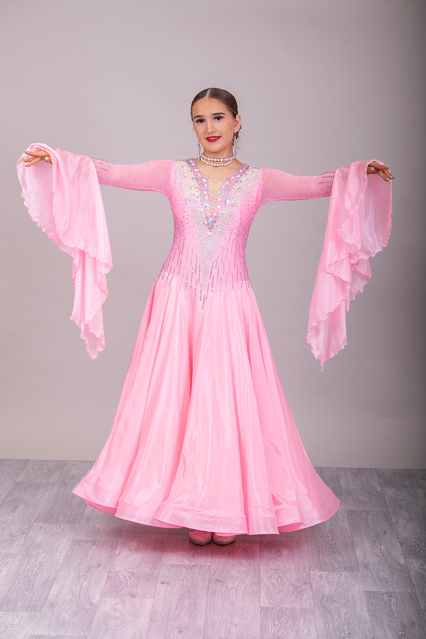 01B Ballroom/Sequence Competition Dance Dress. Sugar Pink Pearl Chiffon stoned in AB & Light Rose. Comes with Pearl Necklace. Filled in mesh back for modesty.
