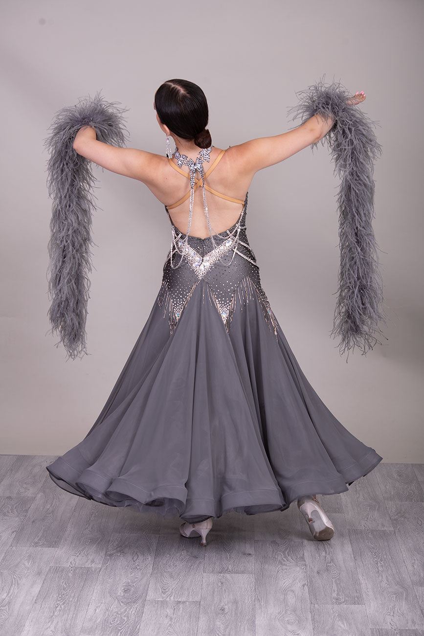 22B “TWD ELITE” New Fuller Skirts/Underskirts Pale grey Ballroom/Sequence Competition Dance Dress. Stunning stone design in Crystal with 3D features to the upper bodice and sides. Detachable Ostrich feather Floats with hanging back detail.