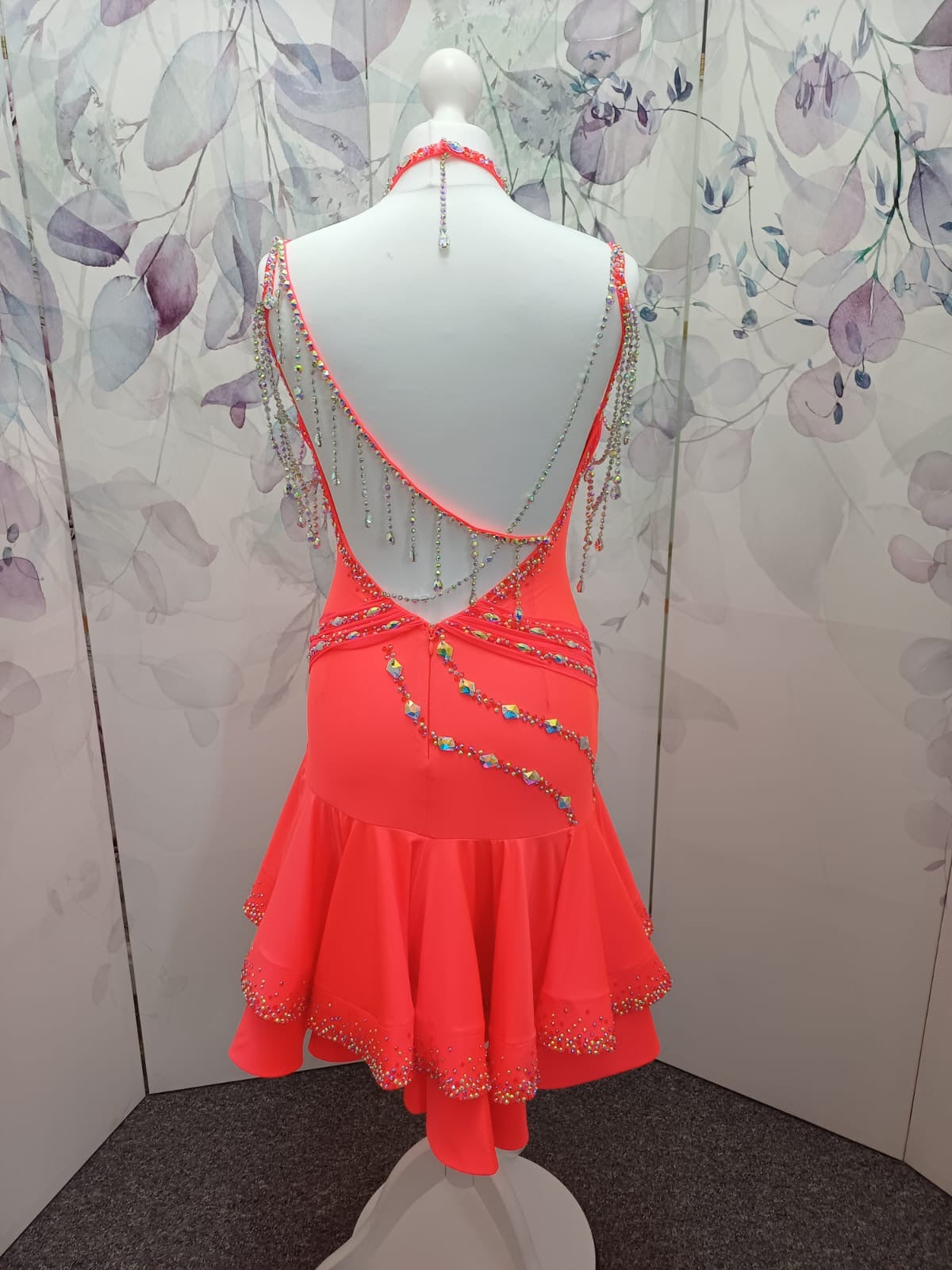 56L TWD ELITE Competition Latin Dance Dress in a beautiful Coral colour. Heavily stoned in AB, Hyacinth & Hyacinth AB. ❤️Showroom Appointments Available❤️
