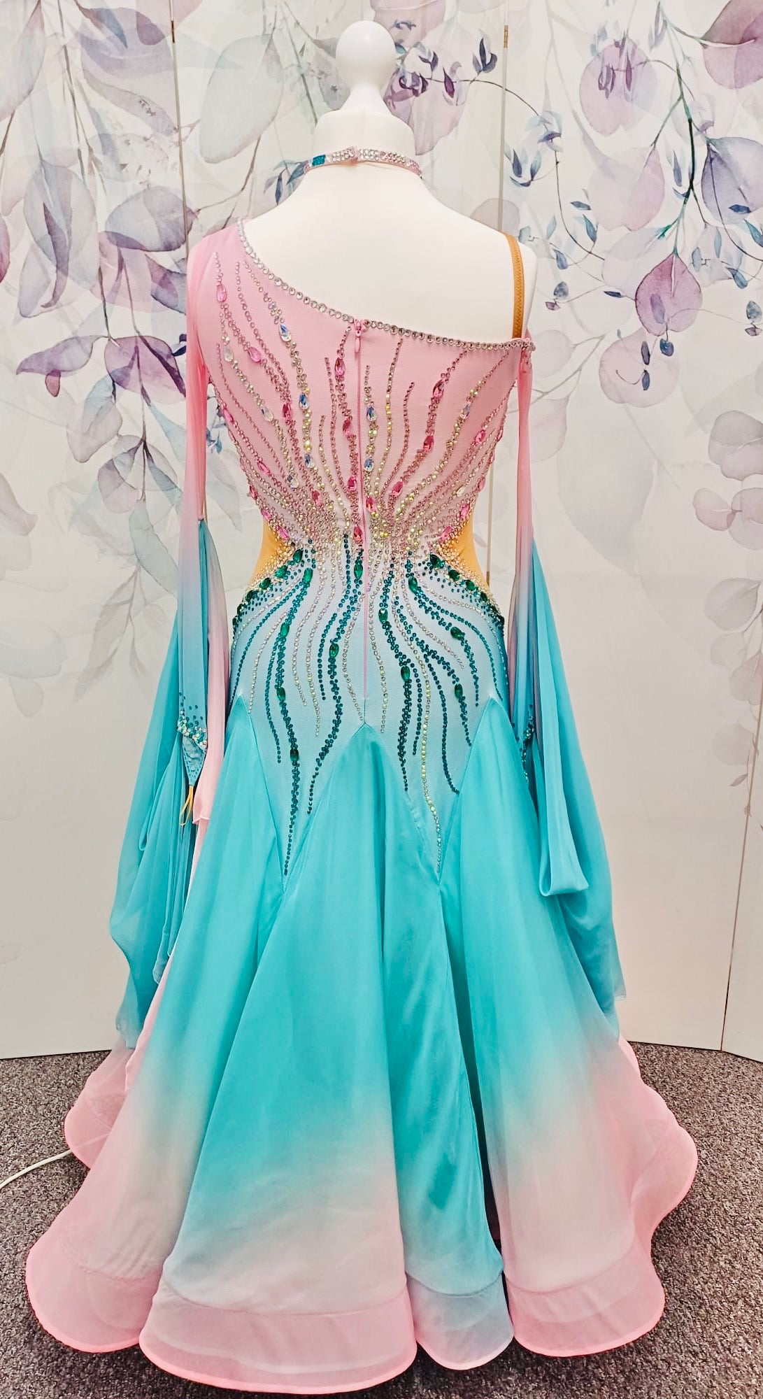 01130 Light Aqua & Baby Pink Ombre Competition Ballroom Dance Dress. Stone with AB & Fuschia. Detachable floats