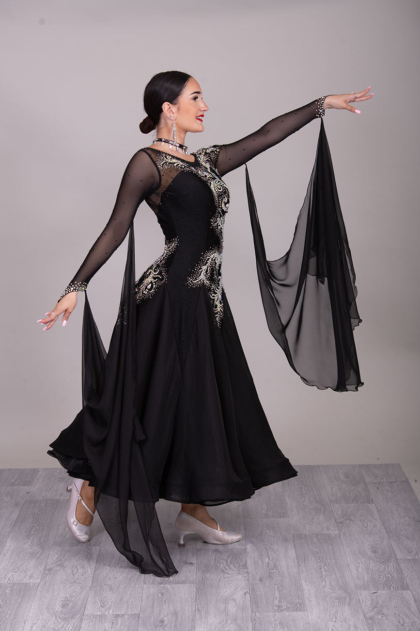 42B TWD PETITE Black Competition Ballroom/Sequence Dress. Striking Motif & Stone Design all over. 
Heavily Stoned in AB & jet❤️Showroom Appointments Available❤️