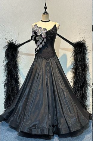 57B Striking Black Ballroom/Sequence Competition Dance Dress. 3D Flowers heavily stoned in AB with Jet stoning throughout. Detachable Ostrich Feather Floats & Long Gloves ❤️Showroom Appointments Available❤️