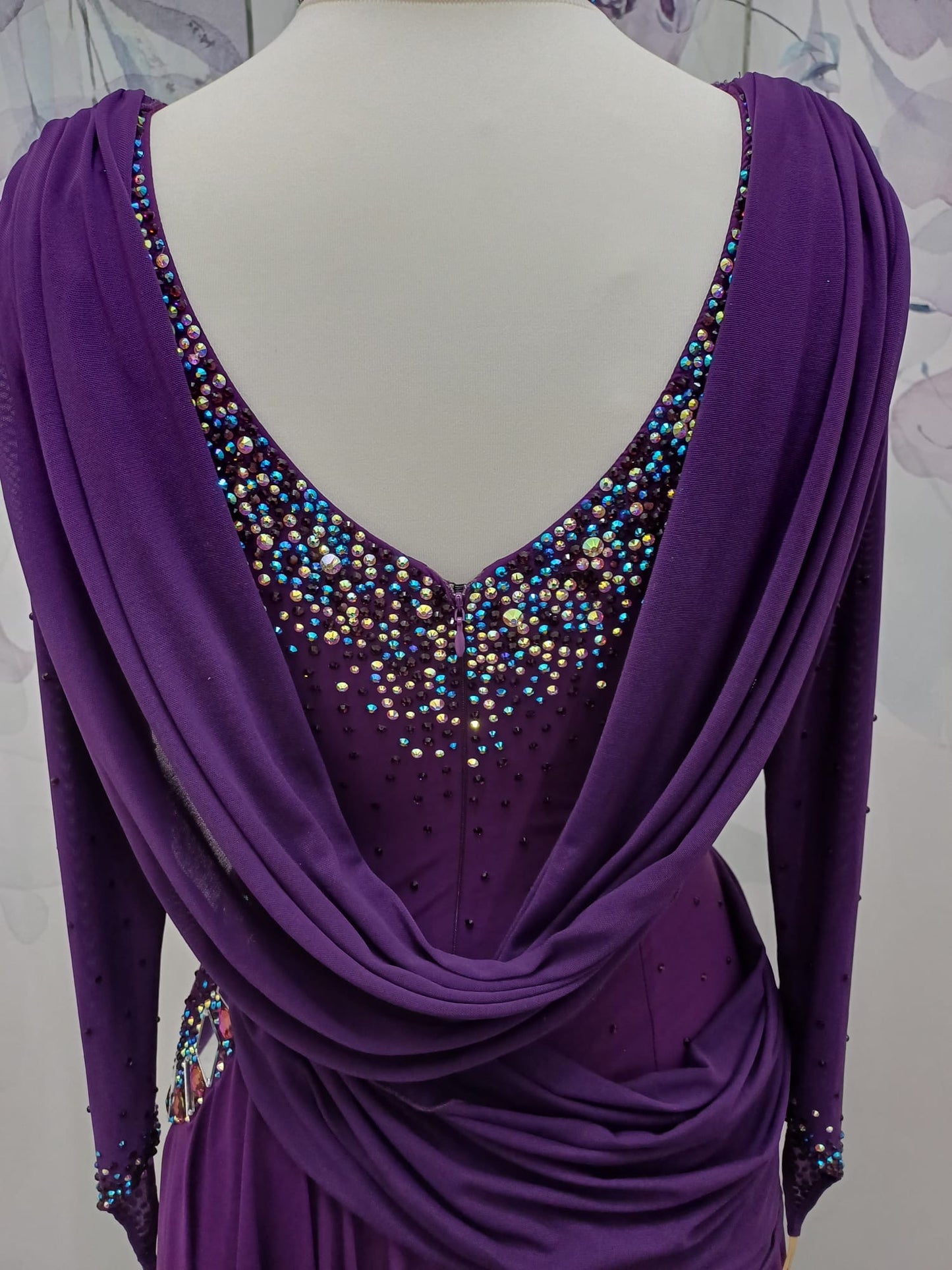 66L Plum Competition Latin Dance Dress. Heavily stoned with AB, Amethyst & Amethyst AB with mirrors. Sash detail to front, back & hip. Could be removed. High back to wear own Bra. ❤️Showroom Appointments Available❤️