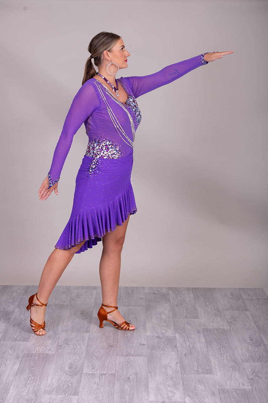 116L Stand Out Purple Competition Latin Dance Dress. Hanging strap detail to the front with stone detail in Purple velvet, AB & light amethyst AB.  High Back to give option of wearing own bra