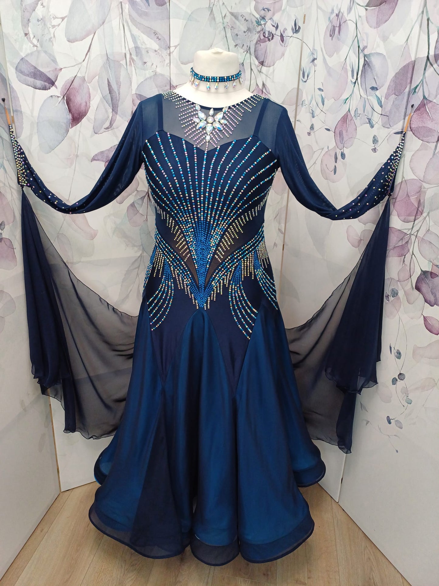 263 Midnight Blue Ballroom Dance  Dress. Heavily stoned in AB, Capri Blue AB & Capri Blue. Detachable floats