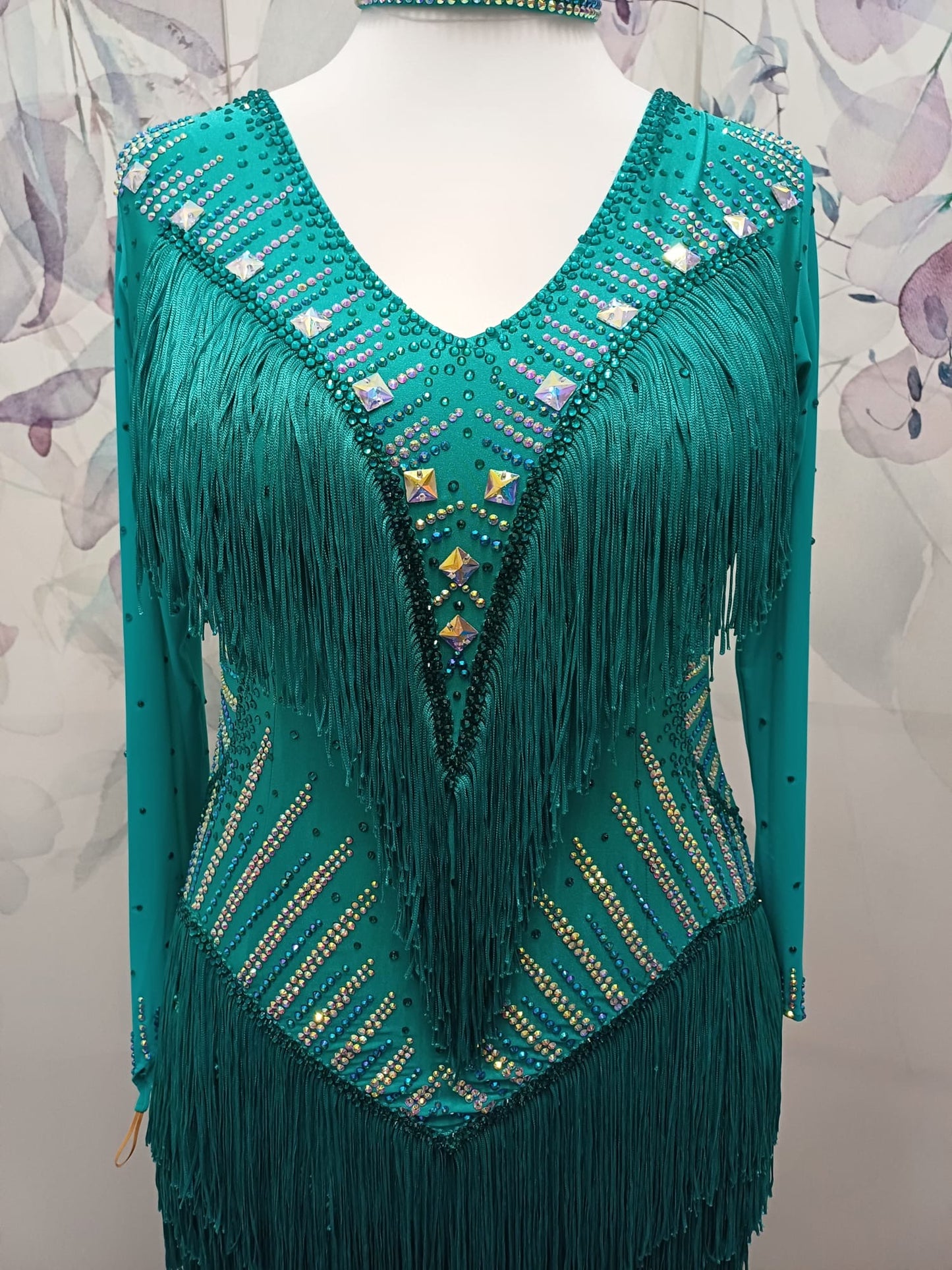 01180 Stunning pretty Green Competition Latin Dance Dress Heavily stoned in AB & Blue Zircon with high back to give option of wearing own Bra