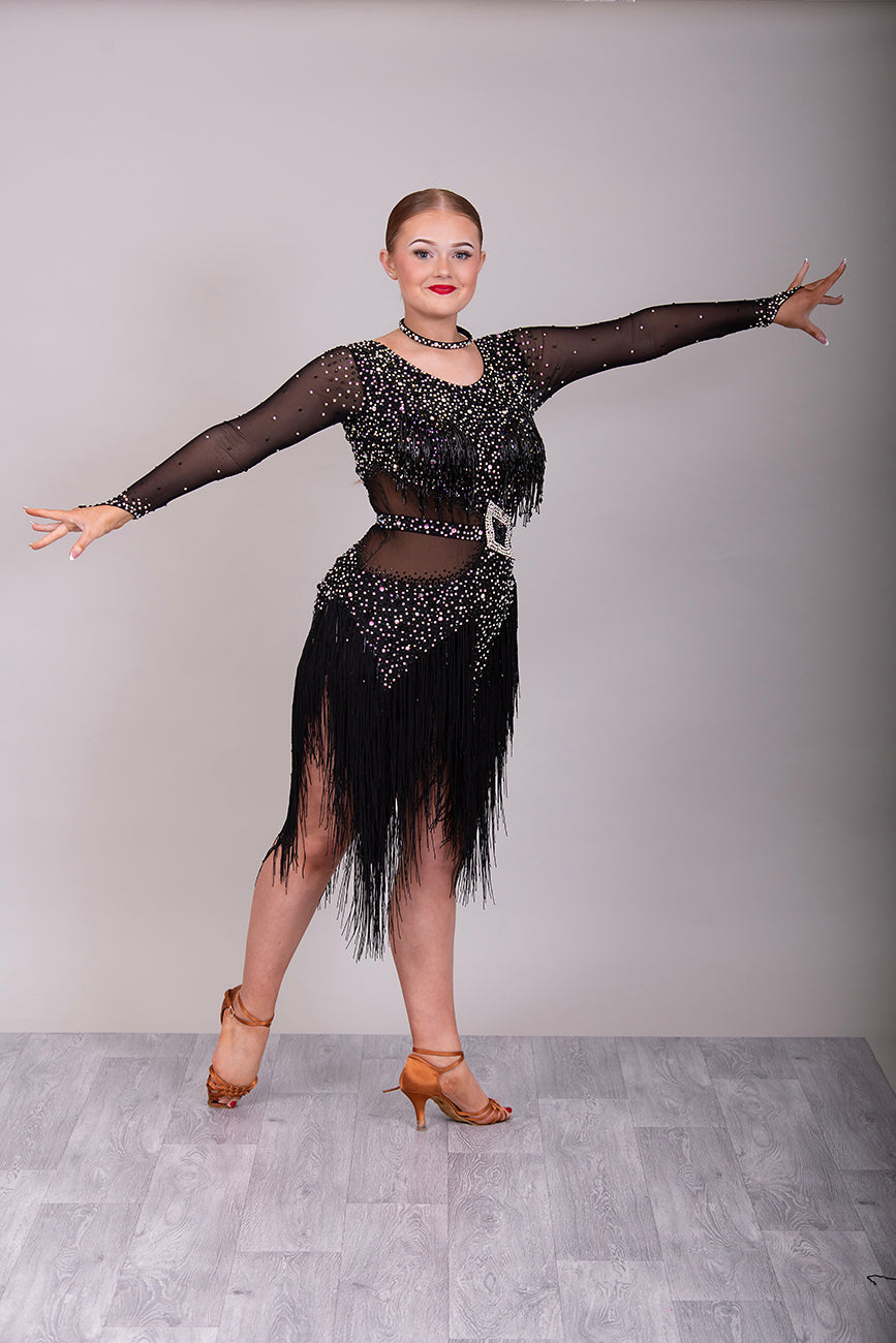19L Black Latin/Rhythm Competition Dance Dress. Heavily stoned in black & AB with optional Belt. Bead droppers to the chest area and fringe shaped skirt
