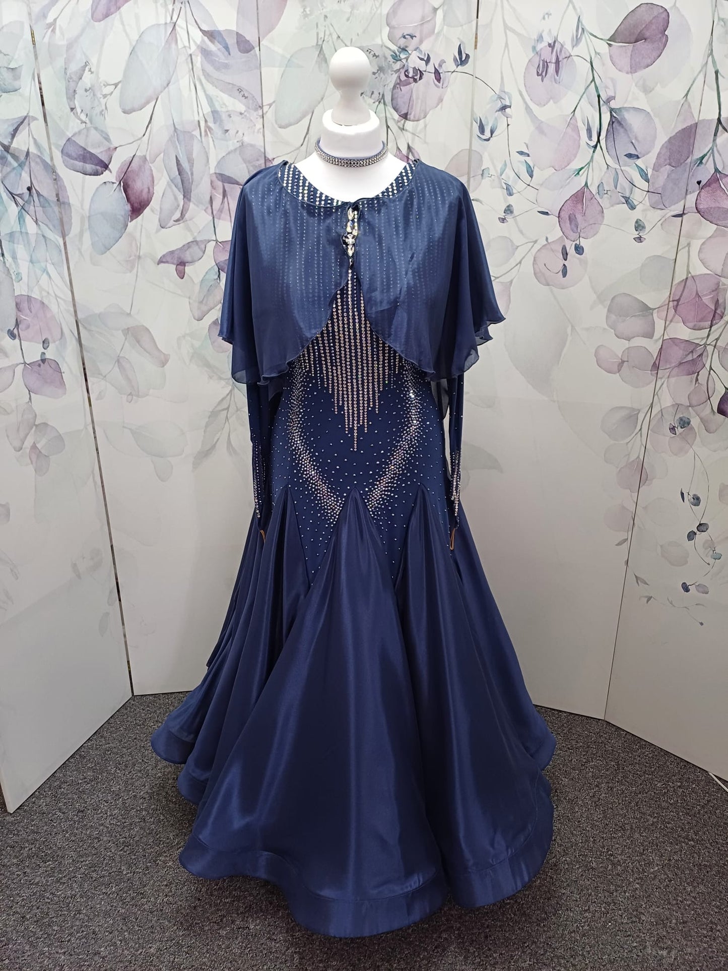 20B Blue/Grey/Steel Coloured Ballroom/Sequence Competition Dance Dress. Cape Detail to front & Shoulders. Stoned in Crystal & Blue Lotus Purple