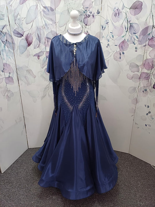 20B Blue/Grey/Steel Coloured Ballroom/Sequence Competition Dance Dress. Cape Detail to front & Shoulders. Stoned in Crystal & Blue Lotus Purple