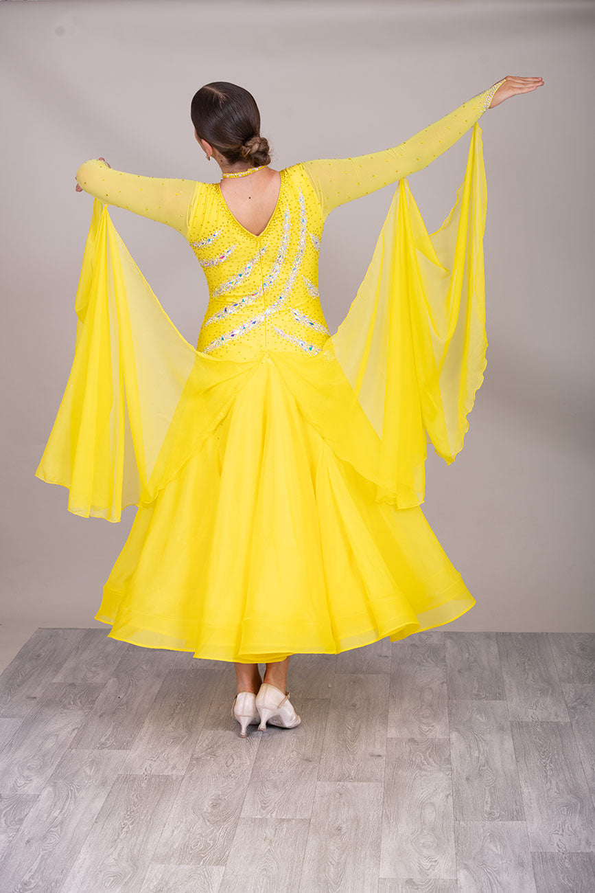 36B Sunshine Yellow Competition Ballroom/Sequence Dance Dress. High Godet at the front giving a flattering tummy look & stone design in AB. High back giving own Bra Options Detachable Floats