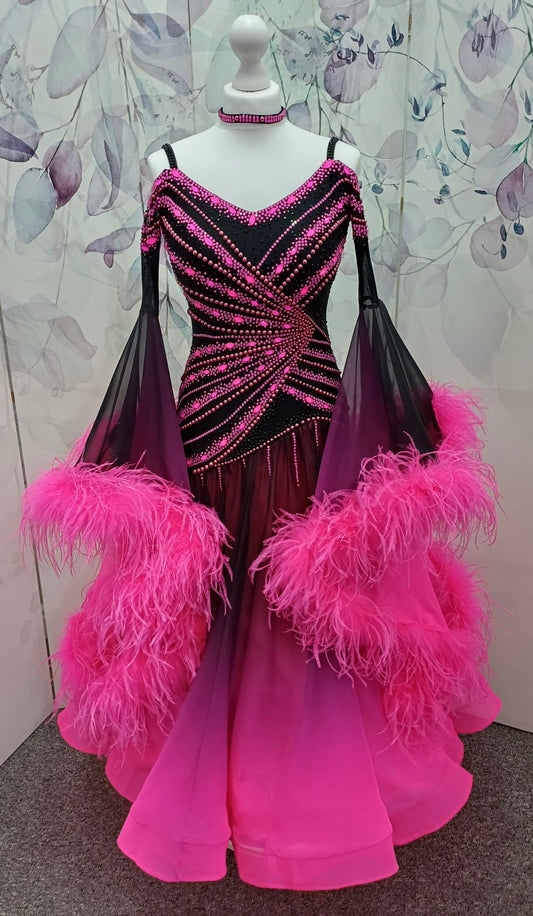 61B TWD ELITE Flo Pink & Black striking Competition Ballroom/Sequence dance dress. Ombré Pink & Black skirts with Flo pink ostrich feather trim bell sleeves. ❤️Showroom Appointments Available❤️
