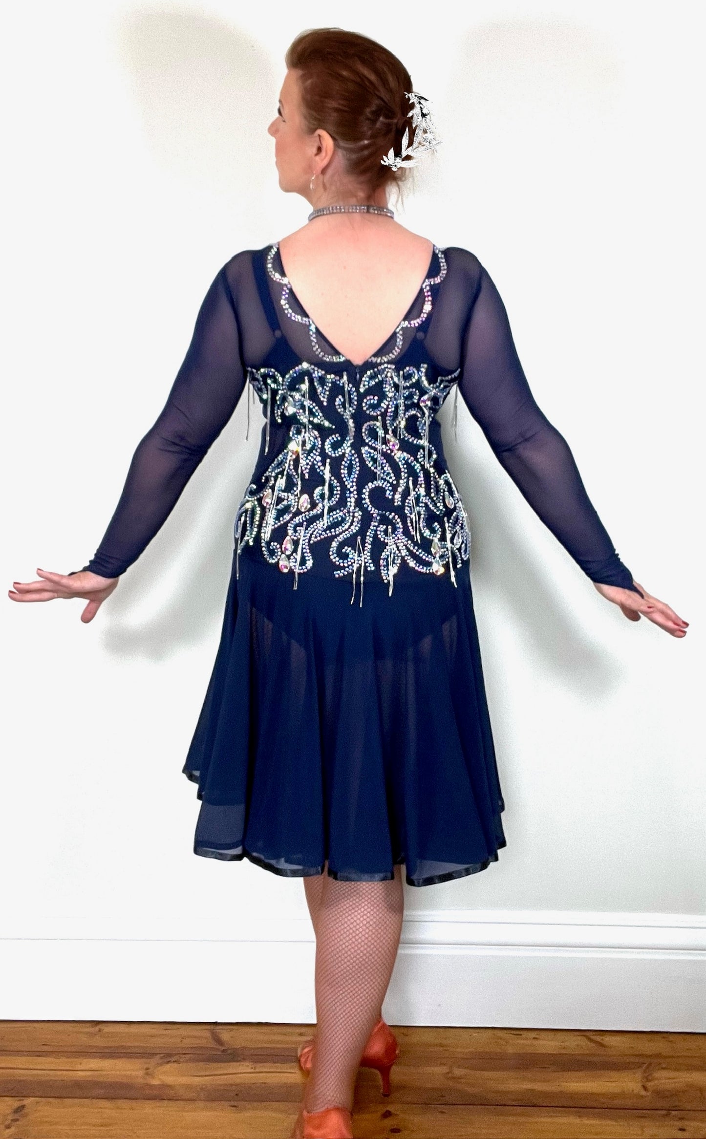0014 Midnight Blue Competition Latin Dress. Heavily stoned in Sapphire, Light Sapphire, Sapphire AB & AB. High back with Mesh Sleeves