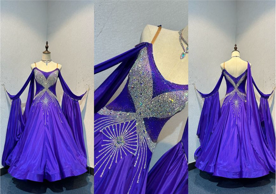 62B TWD ELITE & PETITE New fuller skirts. Purple Competition Ballroom/Sequence Competition dance dress. Heavily stoned in AB & Purple. Detachable floats.