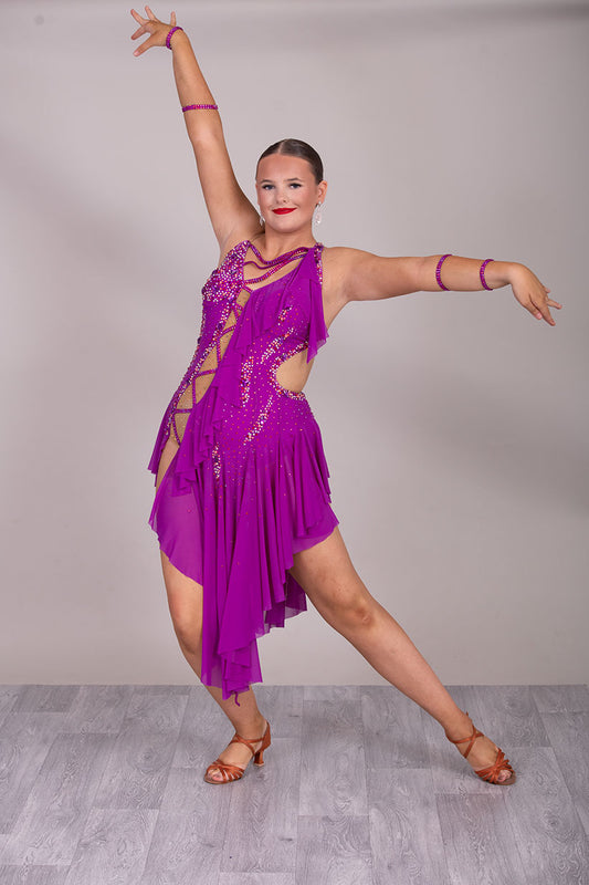 131L BUDGET (20) Hot Magenta Competition Latin Dance Dress. Mesh panelling for full movement. Stoned in Rose, light rose & AB ❤️Showroom Appointments Available❤️