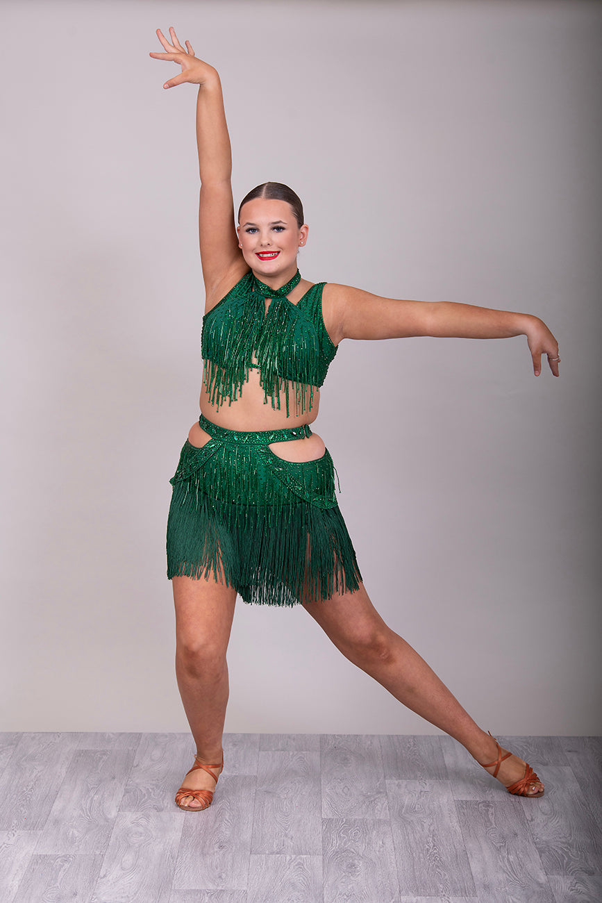 (BUDGET)7 Emerald Latin Competition Dance Dress. stoned in Emerald. droppers to chest & waist with fringe skirts.                                           *****Our New Budget Range are Bought in ready made Costumes, with some detail added by TWDance*****